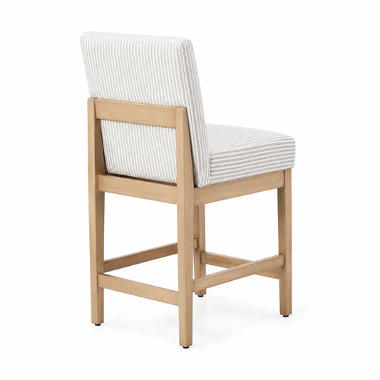 Barhocker aus Holz mit gestreiftem Leinenpolster, Beige/Weiß