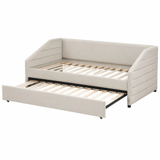 Tagesbett mit Ausziehbarem Bettkasten Beige 200x90cm Holz
