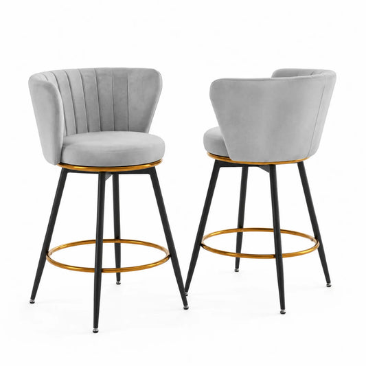 Barhocker Set Samt Grau Schwarz Gold Metall Drehbar H97cm