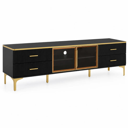 TV-Schrank Holzfurnier mit Glas- und Metallelementen Schwarz/Gold 200x45x50cm