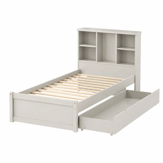 Einzelbett mit Schublade und Regal Kopfteil Holz Grau 90x200 cm